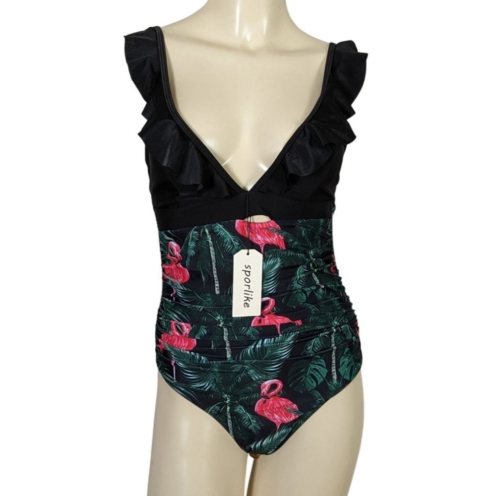SPORLIKE one piece Flamingo V Neck Swimsuit Size Small New